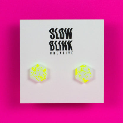 Hexagon Earrings / White + Yellow Neon