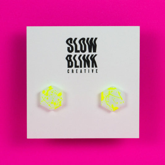 Hexagon Earrings / White + Yellow Neon