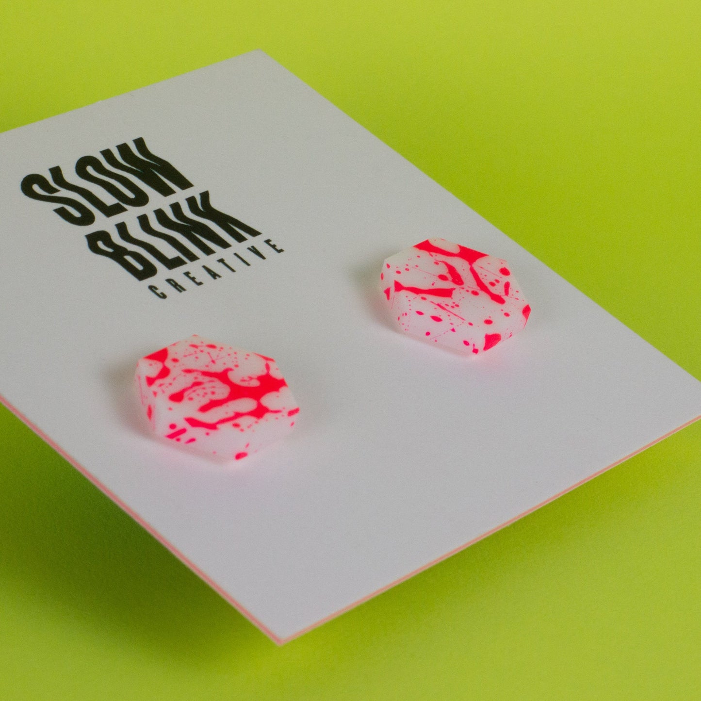 Hexagon Earrings / White + Pink Neon