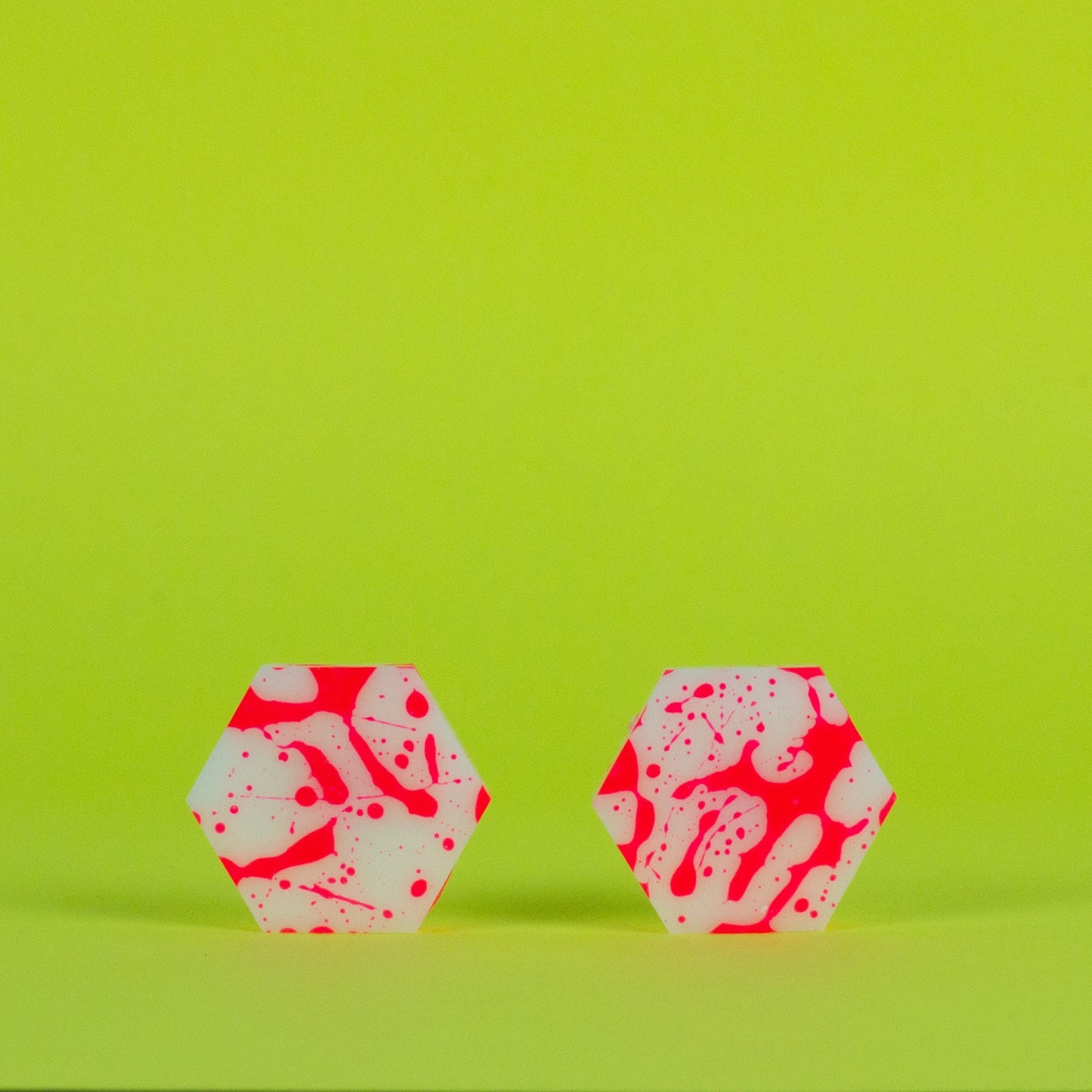 Hexagon Earrings / White + Pink Neon