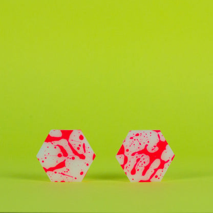 Hexagon Earrings / White + Pink Neon