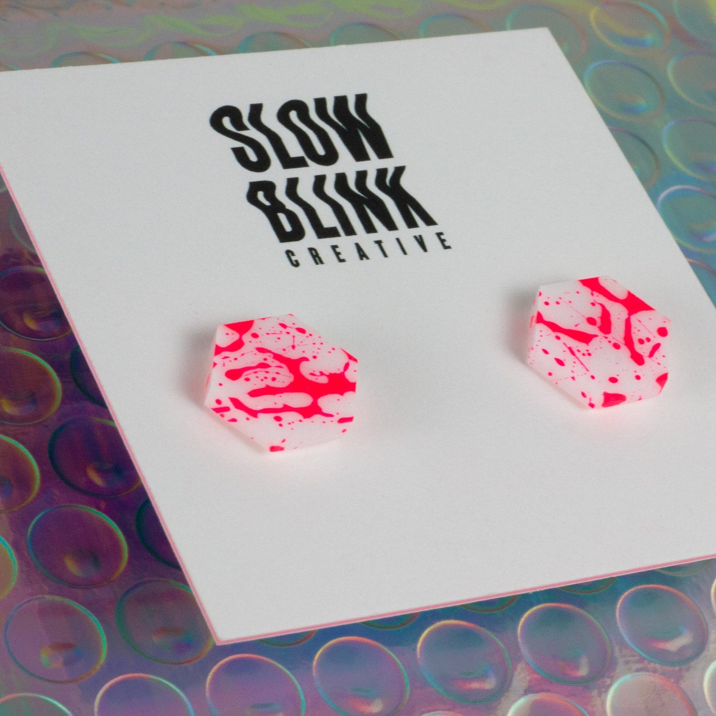 Hexagon Earrings / White + Pink Neon