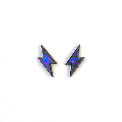 Small Lightning Bolt Earrings / Black + Iridescent Blue