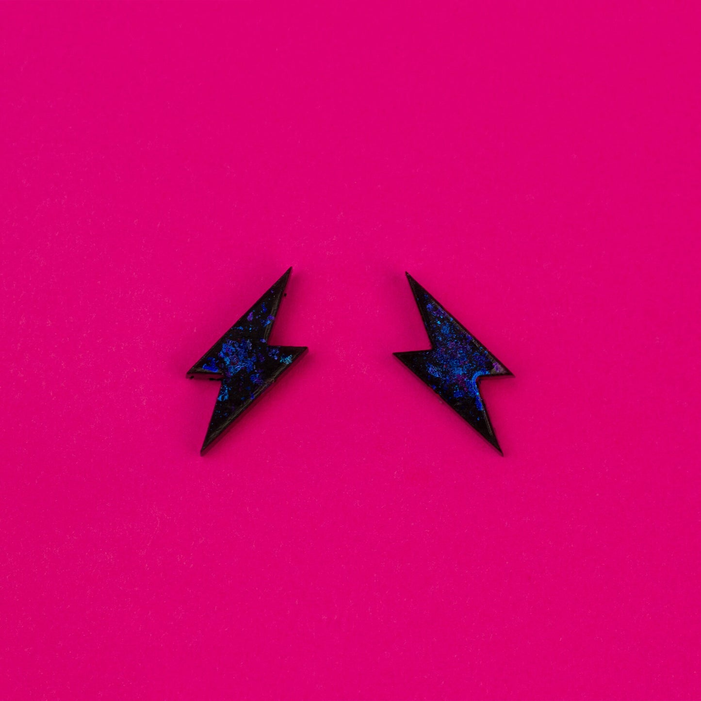 Small Lightning Bolt Earrings / Black + Iridescent Blue