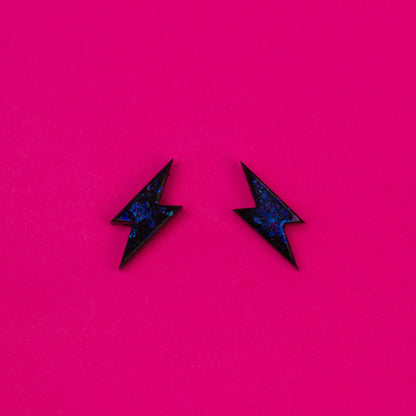 Small Lightning Bolt Earrings / Black + Iridescent Blue