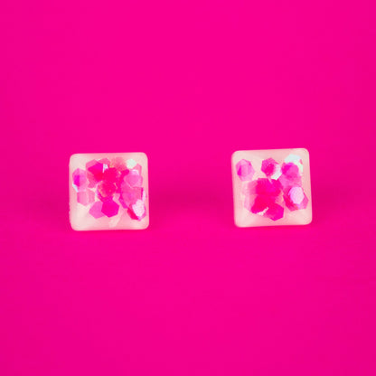 Small Square Stud Earrings / Iridescent Neon Pink + White