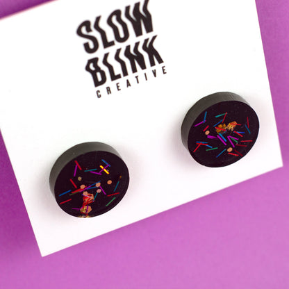 Round Black Earrings with Retro Glitter