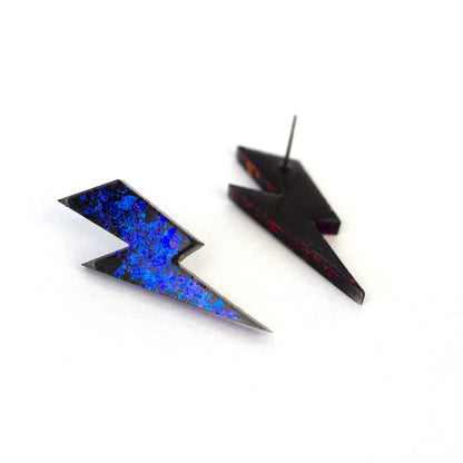 Medium Lightning Bolt Earrings / Black + Iridescent Blue