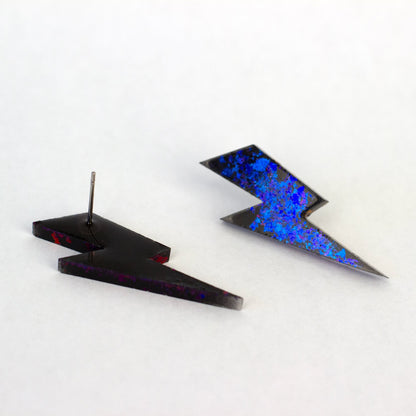 Medium Lightning Bolt Earrings / Black + Iridescent Blue