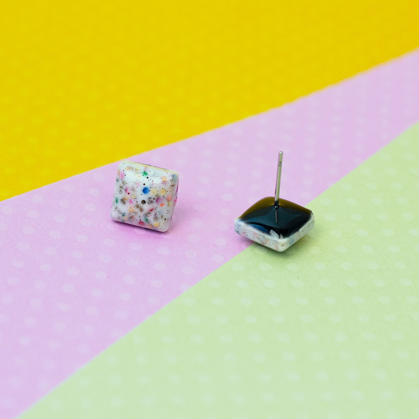 Retro Square Rainbow Glitter Studs With Subtle White