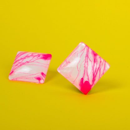 Retro Square Earrings / White + Pink