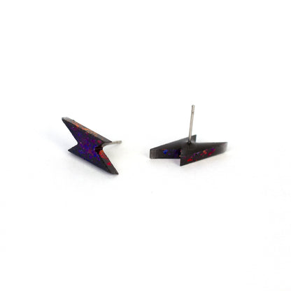 Small Lightning Bolt Earrings / Black + Iridescent Blue