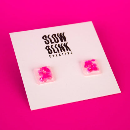 Small Square Stud Earrings / Iridescent Neon Pink + White