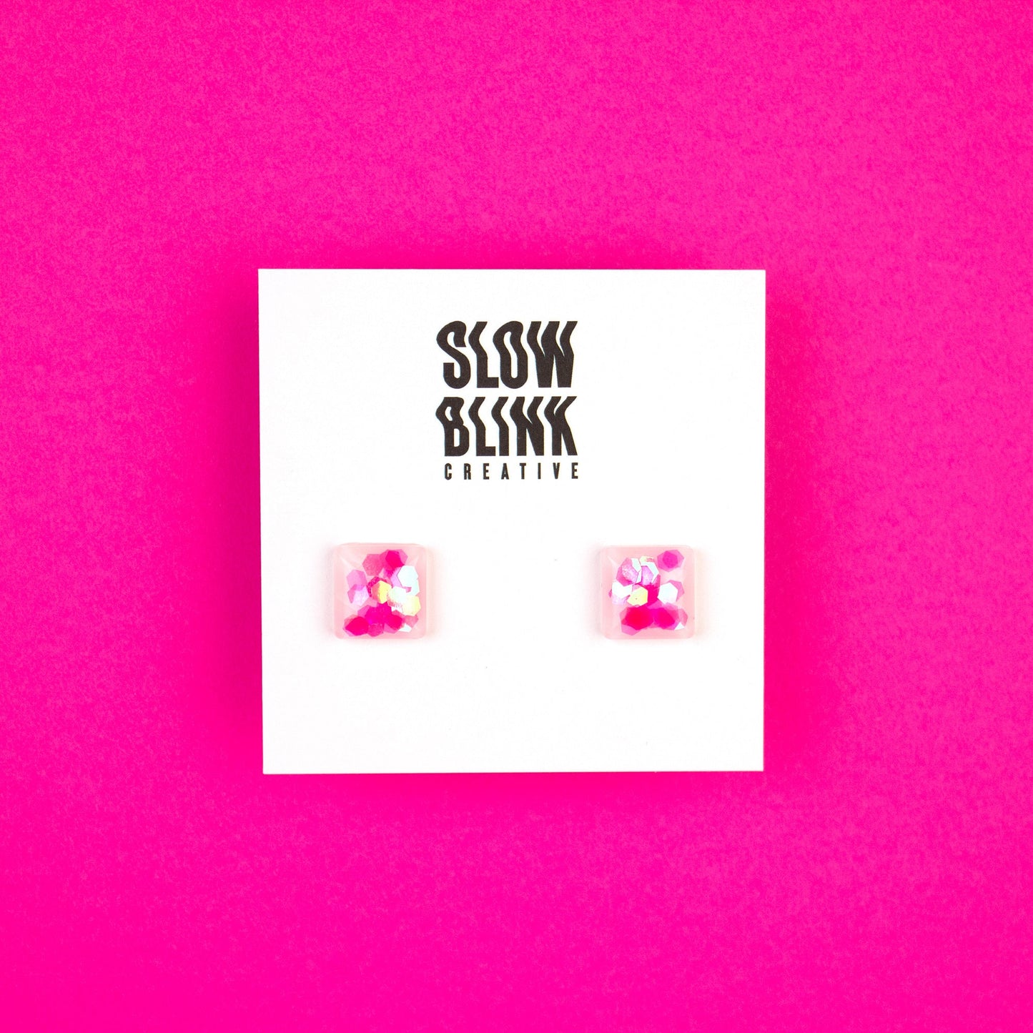 Small Square Stud Earrings / Iridescent Neon Pink + White