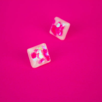 Small Square Stud Earrings / Iridescent Neon Pink + White