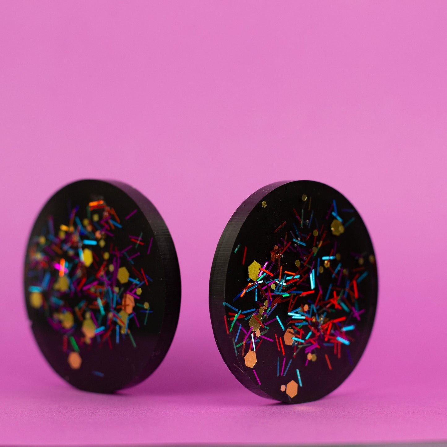 Large Black Retro Glitter Disc Earrings