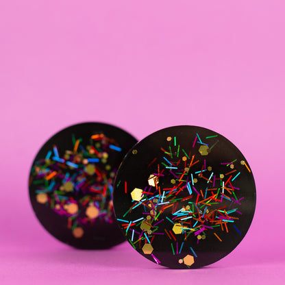 Large Black Retro Glitter Disc Earrings