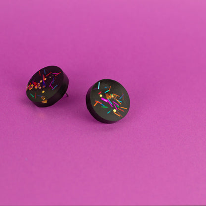 Round Black Earrings with Retro Glitter