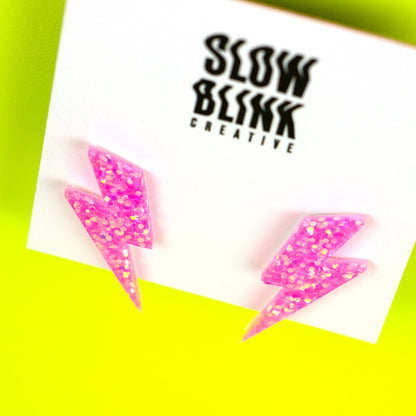 Medium Bubblegum Pink Iridescent Glitter Lightning Bolt Earrings