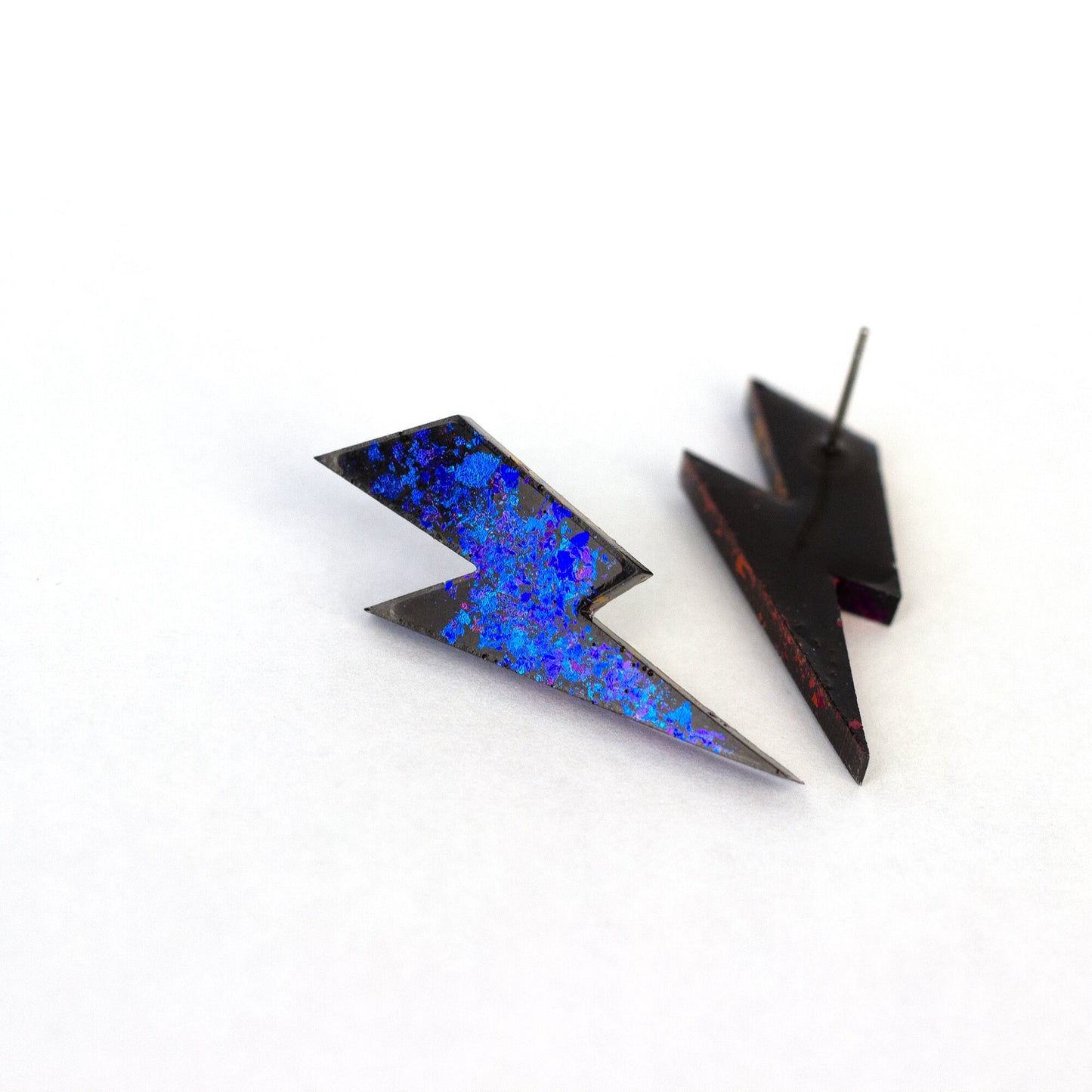 Medium Lightning Bolt Earrings / Black + Iridescent Blue