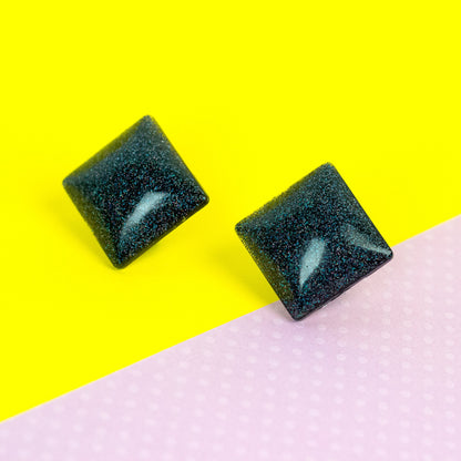 Retro Square Black Holographic Glitter Earrings