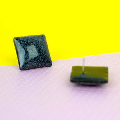 Retro Square Black Holographic Glitter Earrings