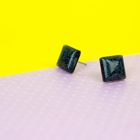 Small Square Black Earrings With Subtle Holographic Glitter