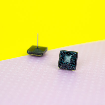 Small Square Black Earrings With Subtle Holographic Glitter