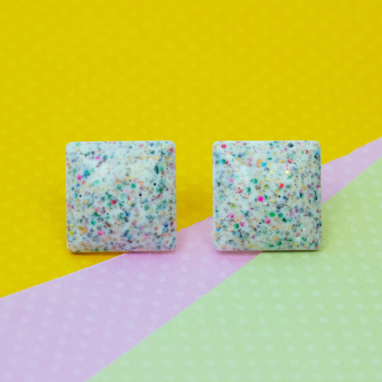 Retro Square Rainbow Glitter Studs With Subtle White