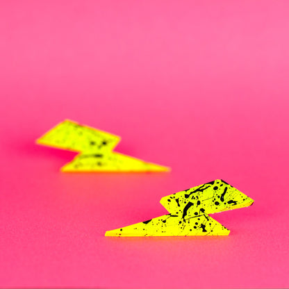 Medium Neon Lightning Bolt Earrings / Yellow + Black