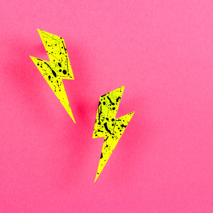 Medium Neon Lightning Bolt Earrings / Yellow + Black