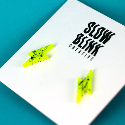 Small Neon Lightning Bolt Earrings / Yellow + Black