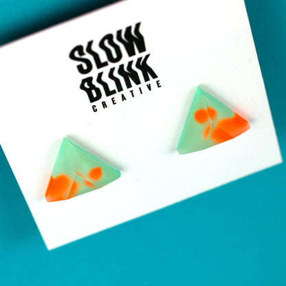 Matte Finish Triangle Studs / Mint Green + Bright Orange