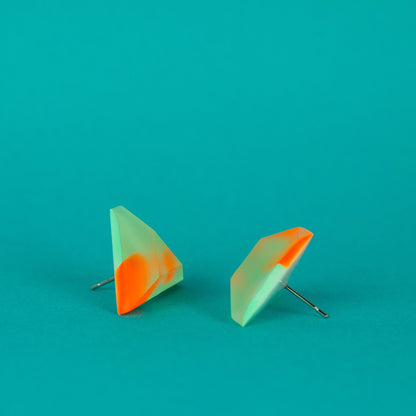 Matte Finish Triangle Studs / Mint Green + Bright Orange