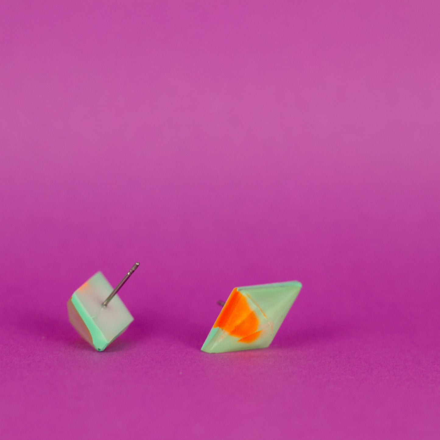 Diamond Shaped Matte Finish Jewel Studs / Mint Green + Orange