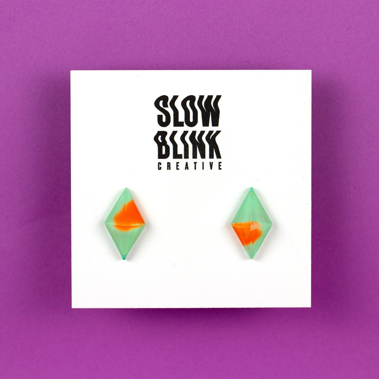 Diamond Shaped Matte Finish Jewel Studs / Mint Green + Orange