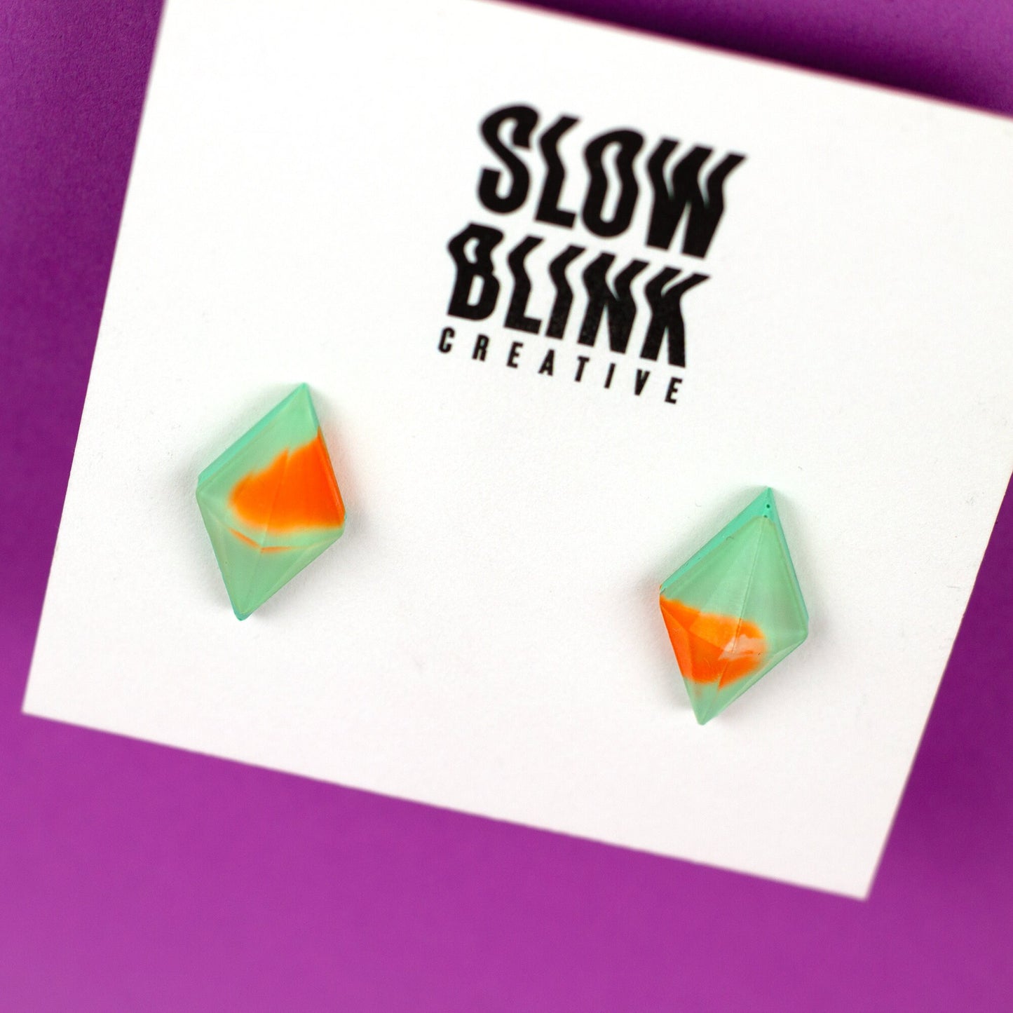 Diamond Shaped Matte Finish Jewel Studs / Mint Green + Orange