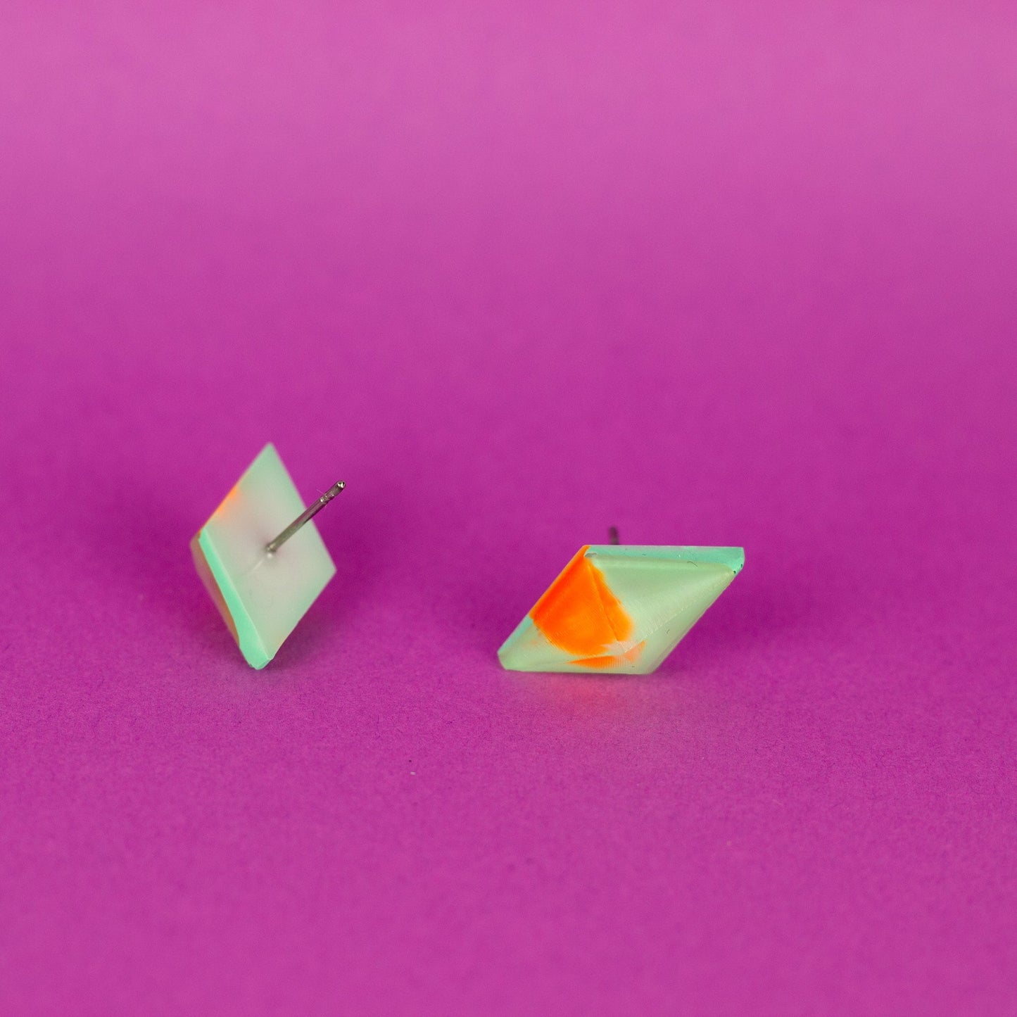 Diamond Shaped Matte Finish Jewel Studs / Mint Green + Orange