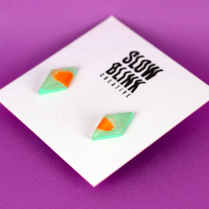 Diamond Shaped Matte Finish Jewel Studs / Mint Green + Orange