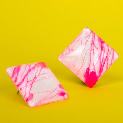 Retro Square Earrings / White + Pink