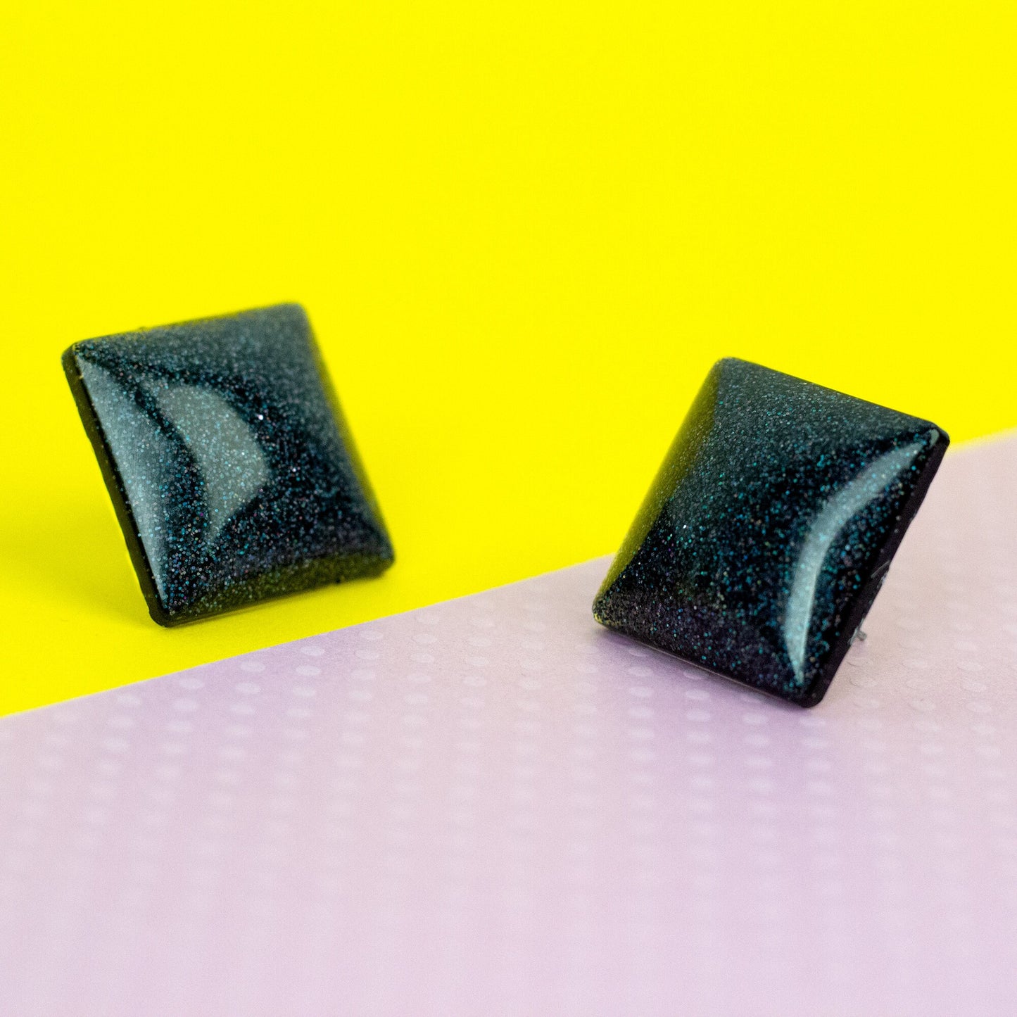 Retro Square Black Holographic Glitter Earrings