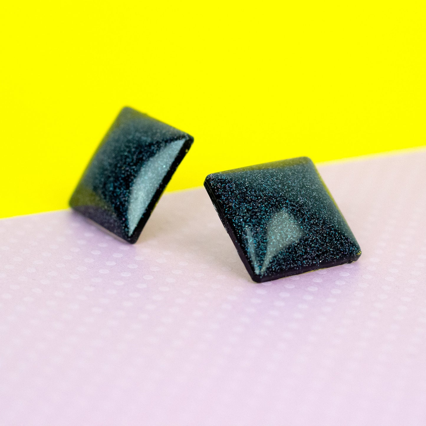 Retro Square Black Holographic Glitter Earrings