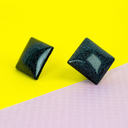 Retro Square Black Holographic Glitter Earrings