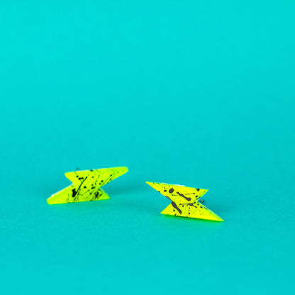 Small Neon Lightning Bolt Earrings / Yellow + Black