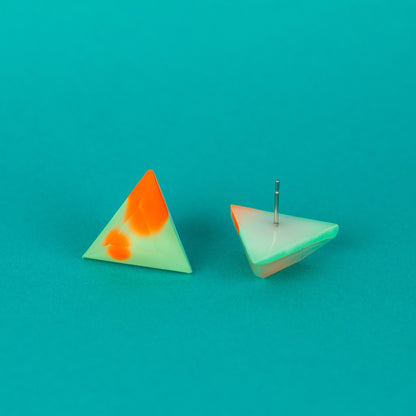 Matte Finish Triangle Studs / Mint Green + Bright Orange