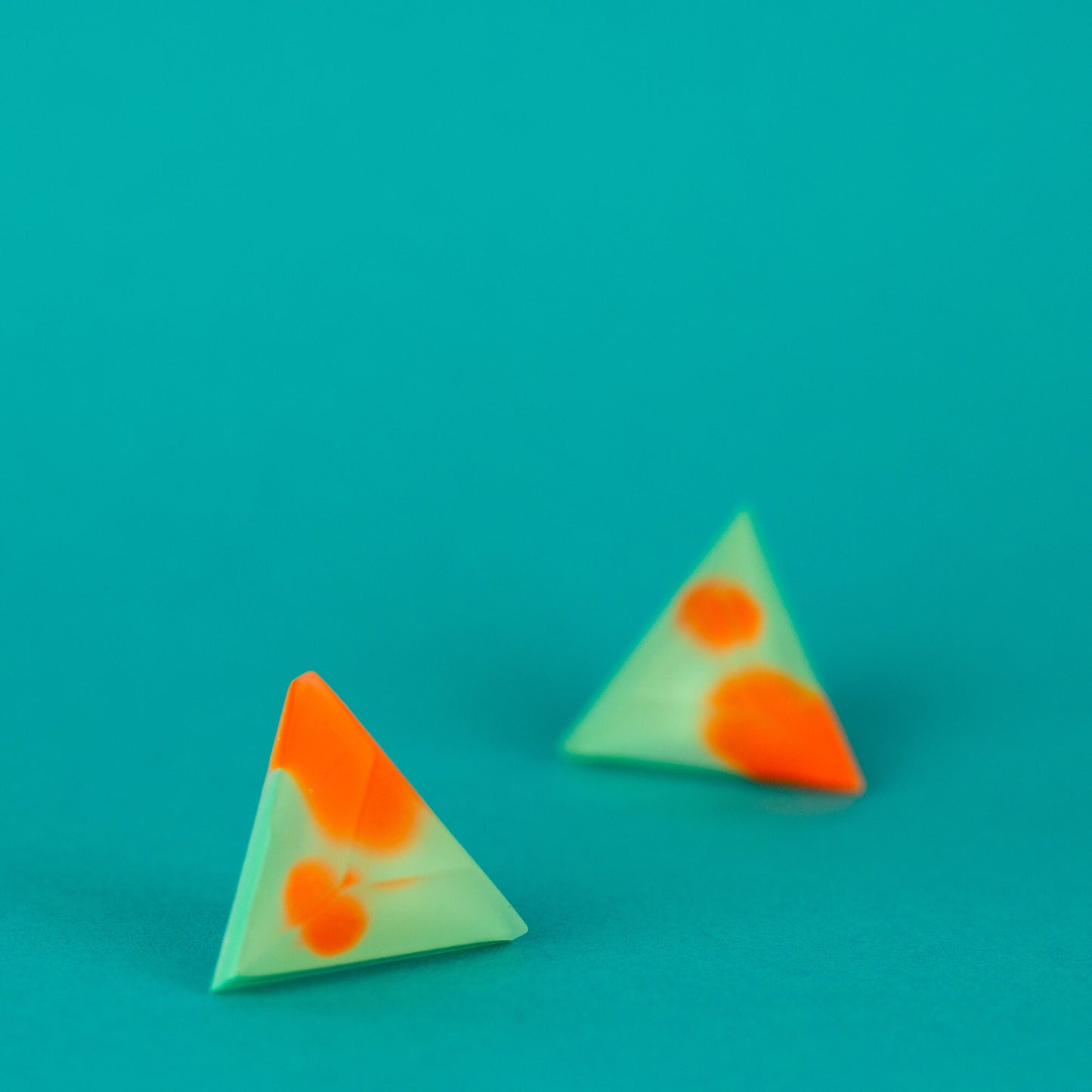 Matte Finish Triangle Studs / Mint Green + Bright Orange