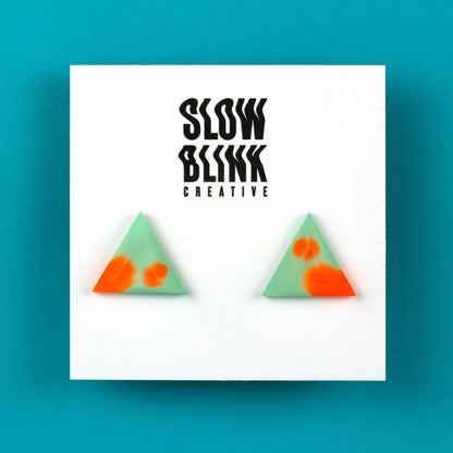 Matte Finish Triangle Studs / Mint Green + Bright Orange