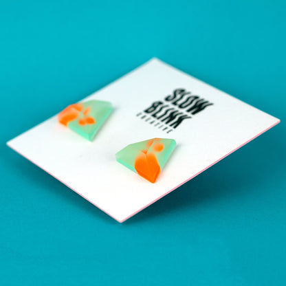 Matte Finish Triangle Studs / Mint Green + Bright Orange