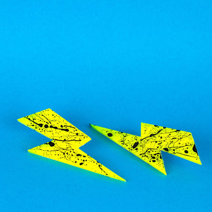 Large Neon Lightning Bolt Earrings / Yellow + Black