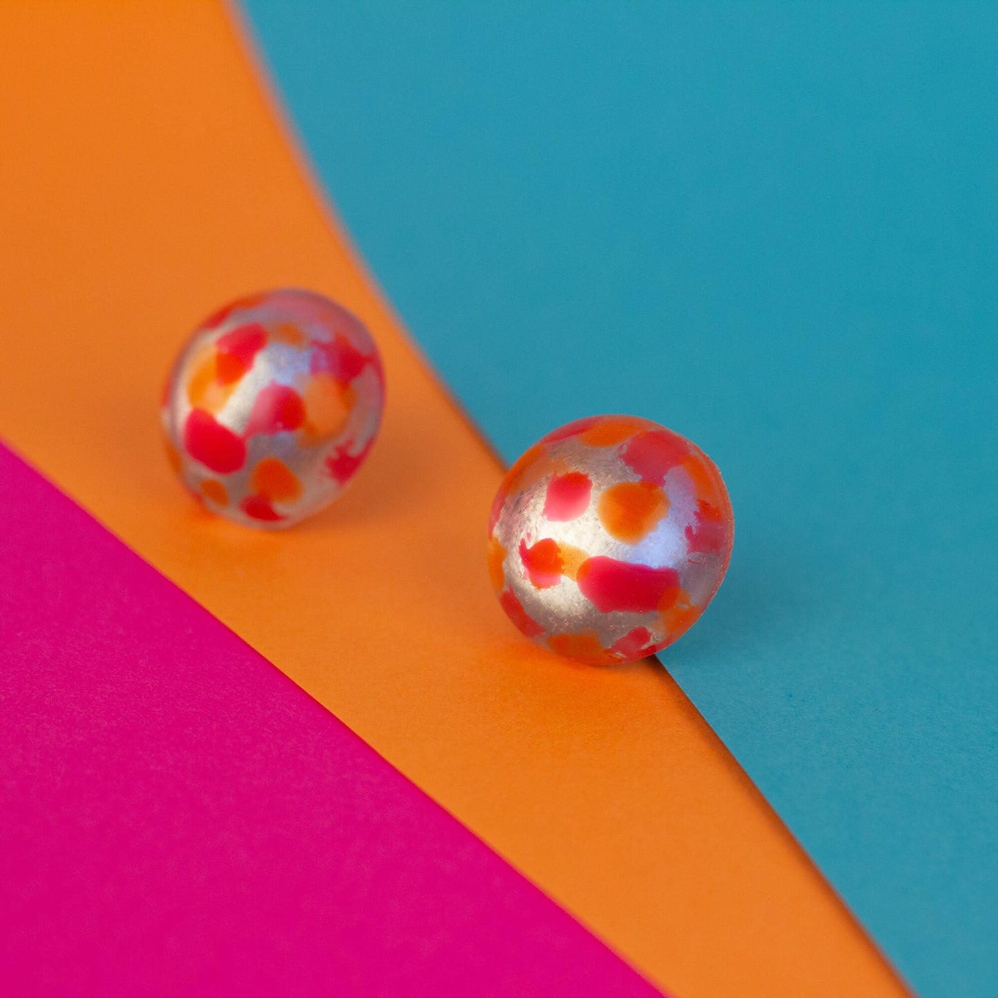 Cute Kidcore Stud Earrings With Hand-Painted Detail / Pink, Orange +Silver